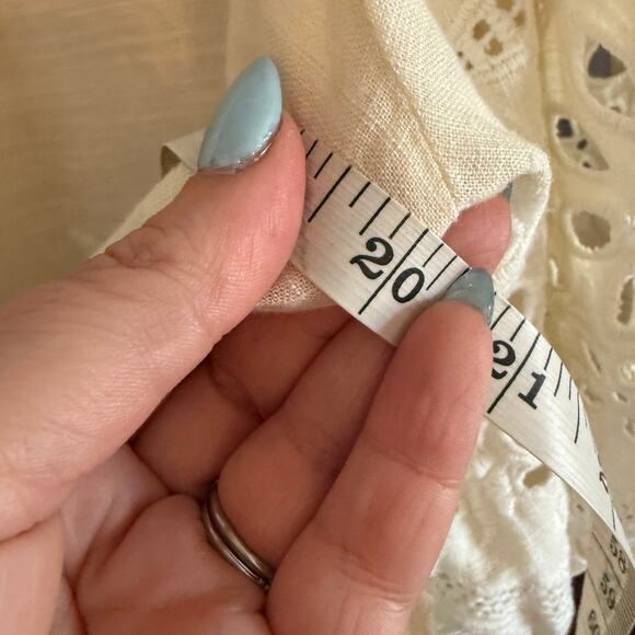 Cream Linen Blend Eyelet Blouson Shirt Scalloped Hem, lace trim | Medium - Picture 7 of 8